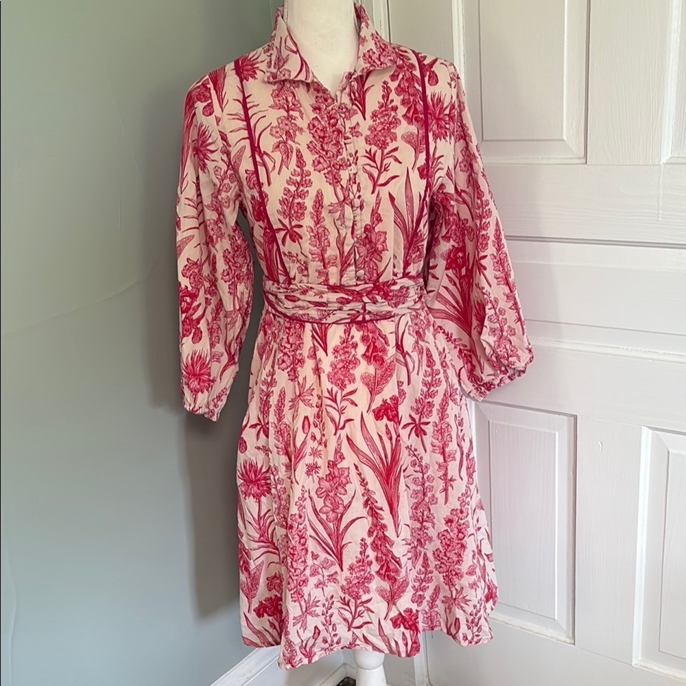Victoria Dunn Wild Flower Pink Cream Cotton Tie‎ Shirt Dress Dress Size XS